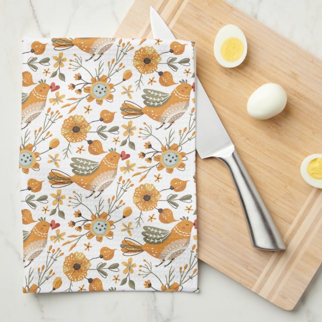 Linge De Cuisine Oiseaux scandinaves orange (Quart Plié)