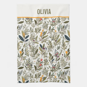 Linge De Cuisine Olive et Herbes Minimal Élégant Personnalisé