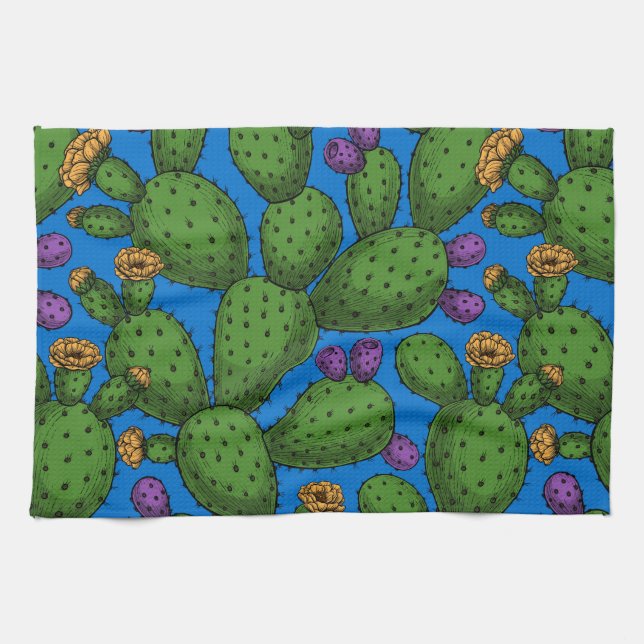 Linge De Cuisine Opuntie de floraison en bleu (Horizontal)