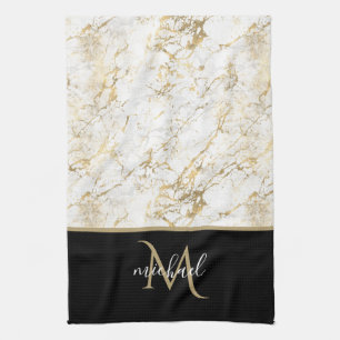 Linge De Cuisine Or et Marbre blanc avec Monogramme noir