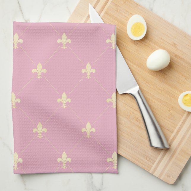 Linge De Cuisine Or Fleur de Lis Rose (Quart Plié)