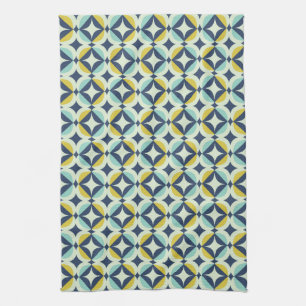 Linge De Cuisine Or géométrique et motif bleu