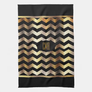 Linge De Cuisine Or métallique et rayure noire Chevron de