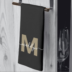 Linge De Cuisine Or Noir Élégant Monogramme De Nom De Style Moderne