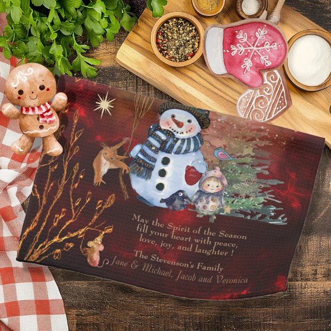 Linge De Cuisine OR ROUGE Joyeux Noël, personnages mignons (RED GOLD Merry Christmas, cute Characters Kitchen Towel)