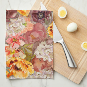 Linge De Cuisine Orange Bourgogne Automne Tombe Floral Aquarelle   