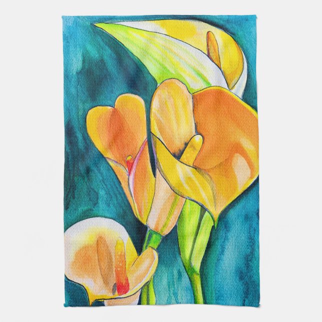 Linge De Cuisine Orange Calla fleurs de laine aquarelle art (Vertical)