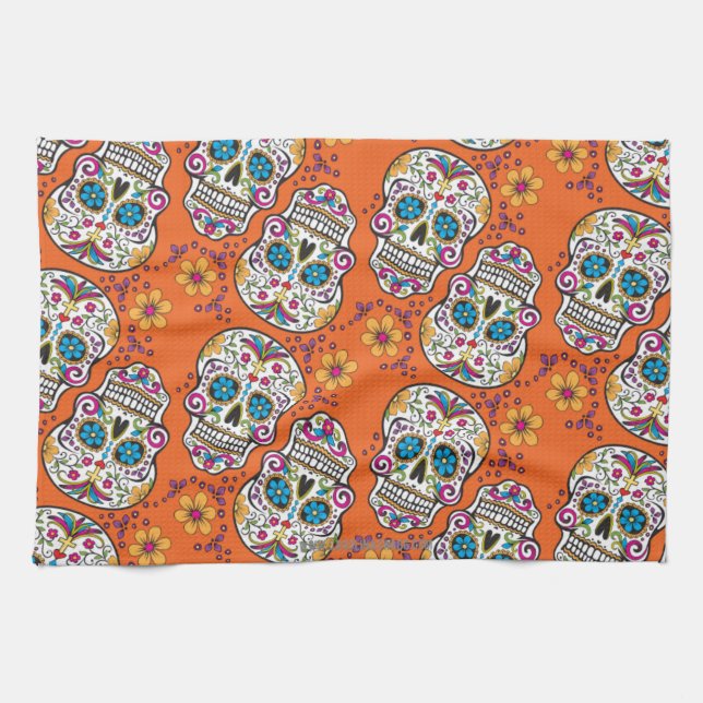 Linge De Cuisine Orange de Halloween de crâne de sucre (Horizontal)