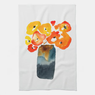 Linge De Cuisine Orange fleurs de pavot aquarelle