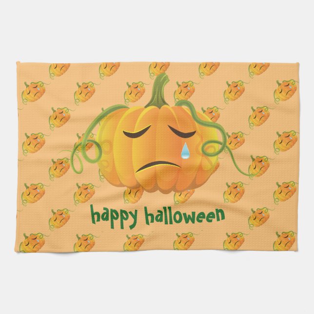 Linge De Cuisine Orange Halloween Citrouille Triste Motif sans cout (Horizontal)