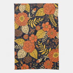 Linge De Cuisine Orange rétro, Jaune & Marine Floral 