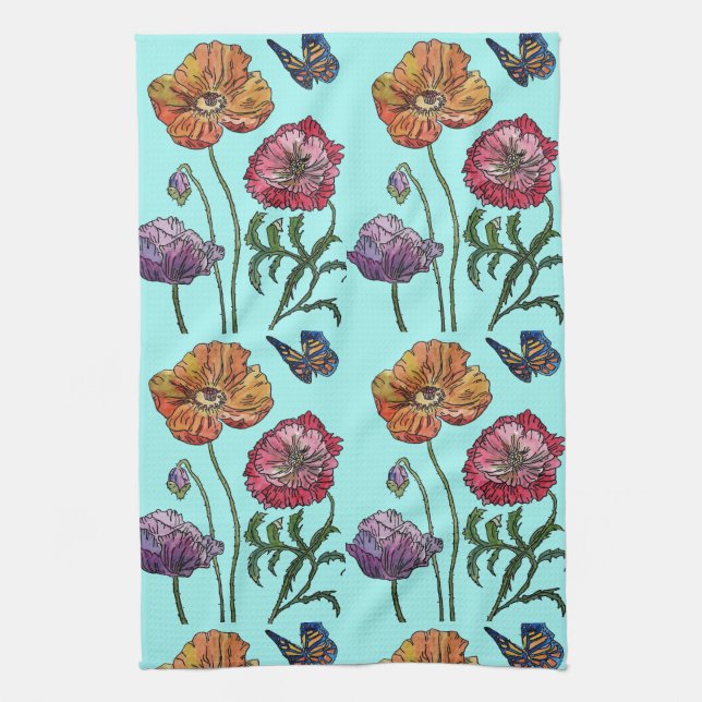 Linge De Cuisine Orange Shabby Poppy Aquarelle Tea Towa Aqua (Vertical)
