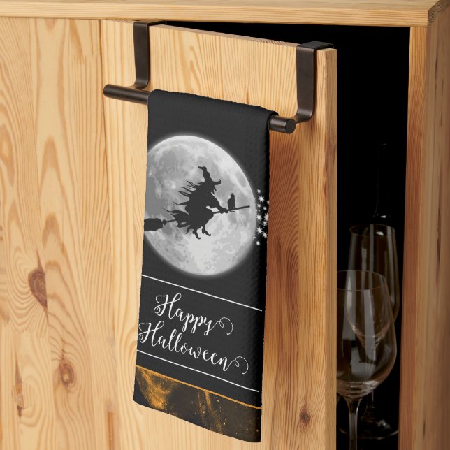 Linge De Cuisine Orange Witch Silhouette Halloween (Pliage en tiers)
