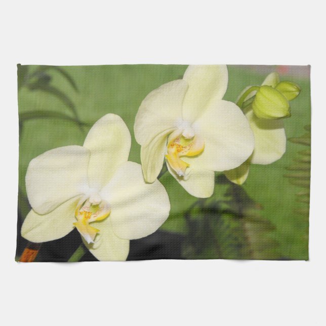 Linge De Cuisine Orchidées blanches sur fond vert (Horizontal)