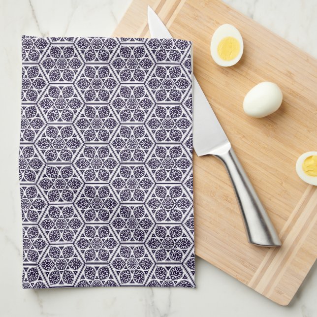 Linge De Cuisine Oriental Bleu Blanc Rosette Turque Art géométrique (Quart Plié)