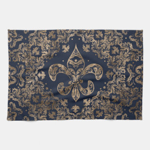 Linge De Cuisine Ornement de luxe Fleur de lis - or et bleu foncé