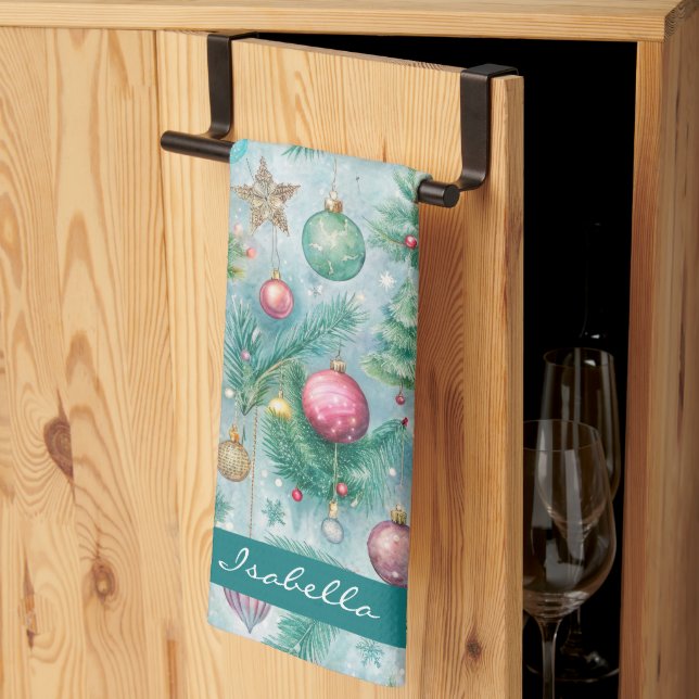 Linge De Cuisine Ornement de Noël Pastel sur mesure Holly Berry (Pliage en tiers)