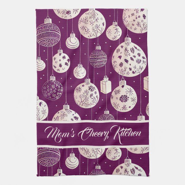 Linge De Cuisine Ornements de Noël sur Plum Kitchen Towel (Vertical)