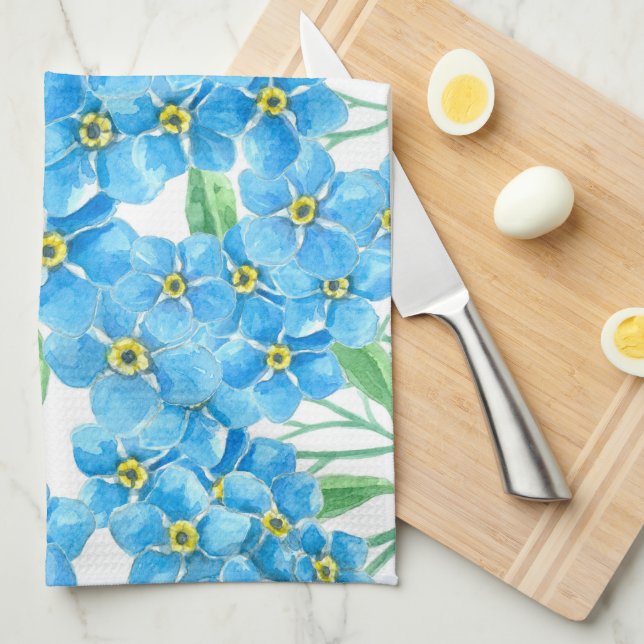 Linge De Cuisine Oublie-moi pas les fleurs, motif aquarelle (Quart Plié)