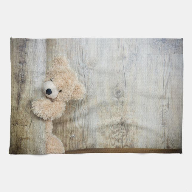 Linge De Cuisine Ours Cute Stuffé Mur Rustique En Bois (Horizontal)