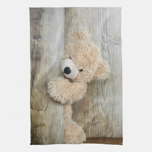 Linge De Cuisine Ours Cute Stuffé Mur Rustique En Bois (Vertical)