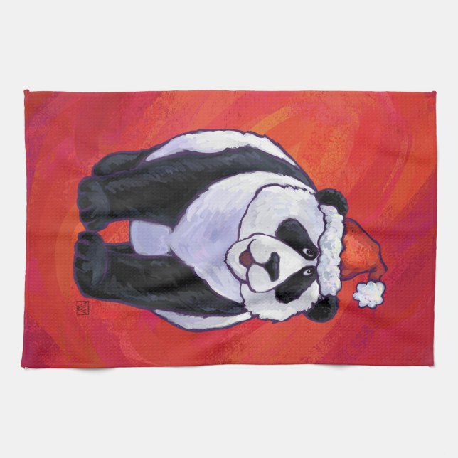 Linge De Cuisine Ours de panda à Santa Hat sur Rouge (Horizontal)