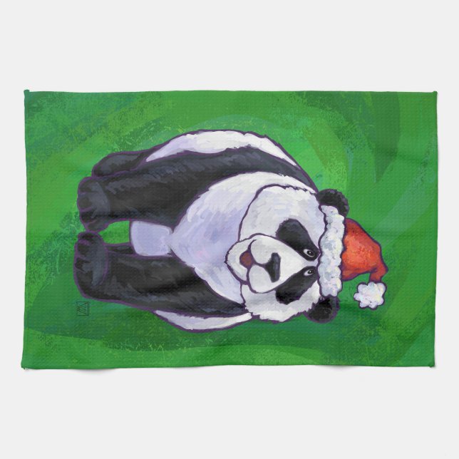 Linge De Cuisine Ours de panda à Santa Hat sur Vert (Horizontal)