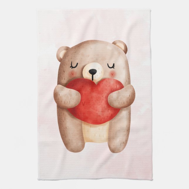 Linge De Cuisine Ours en peluche mignon portant un coeur rouge (Vertical)