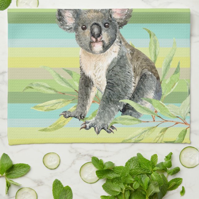 Linge De Cuisine Ours Koala mignon sur vert rayé bg nom personnalis (Plié)