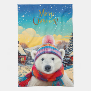 Linge De Cuisine Ours polaire chapeau de Père Noël et écharpe Joyeu