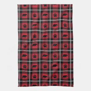 Linge De Cuisine Ours rouge noir et blanc sauvage et flanelle paw p