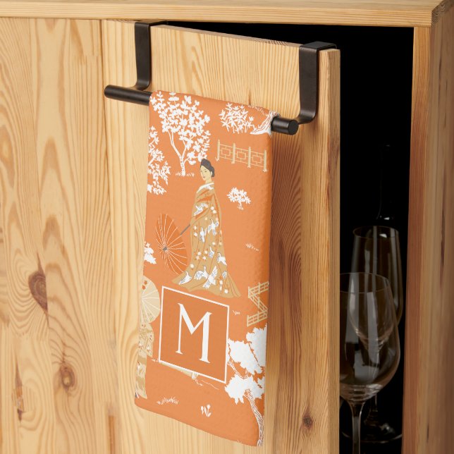 Linge De Cuisine Pagode de la Chinoiserie orange Monogramme (Pliage en tiers)