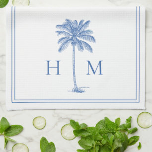 Linge De Cuisine Palmier blanc et bleu côtier Monogramme