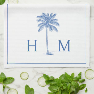 Linge De Cuisine Palmier bleu et blanc Monogramme de palmier