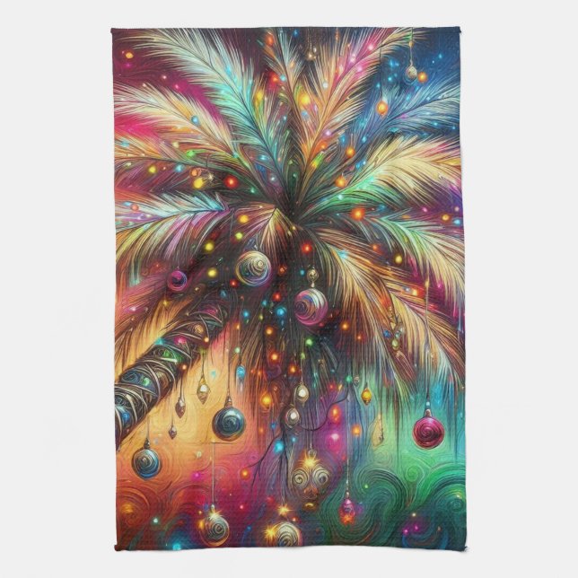 Linge De Cuisine Palmier de Noël Whimsical Tropical Beach Vivid (Vertical)