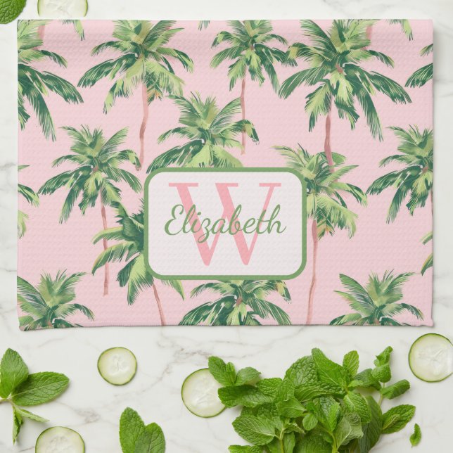 Linge De Cuisine Palmiers tropicaux sur rose Personnalisé (Plié)