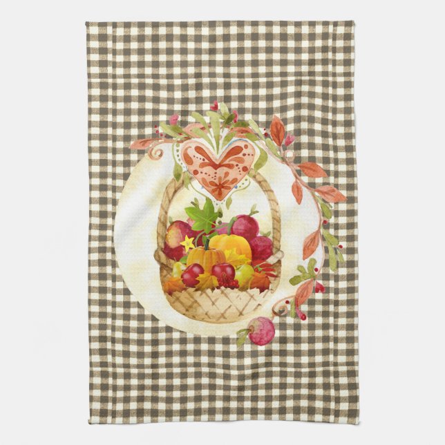 Linge De Cuisine Panier de récolte d'automne En vichy Brown (Vertical)
