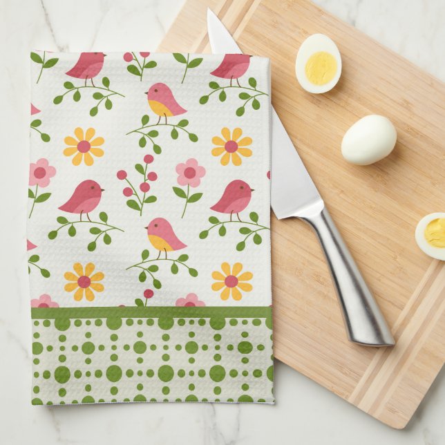Linge De Cuisine Panneau Retro Pink Spring Birds (Quart Plié)