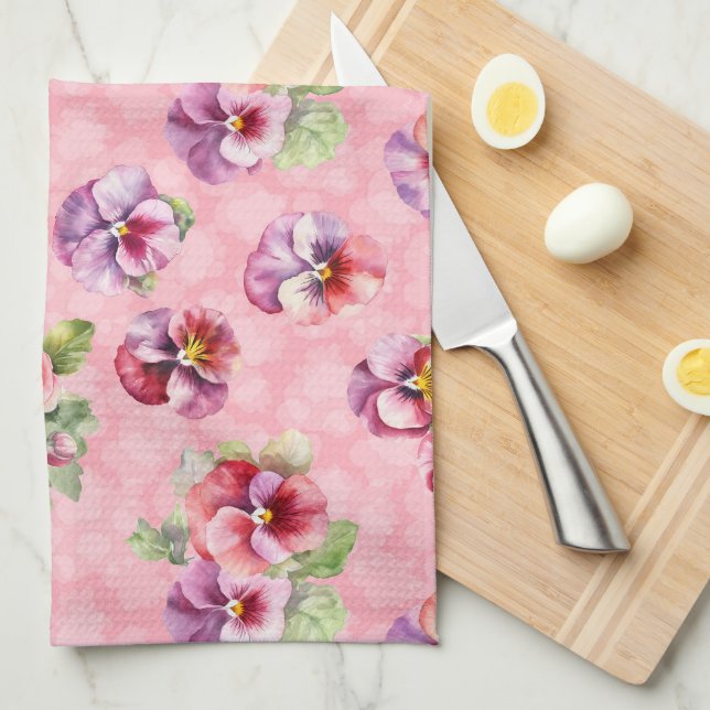 Linge De Cuisine Pansies violettes et roses (Quart Plié)