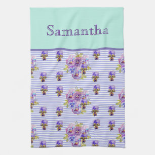 Linge De Cuisine Pansy Flower Aqua Stripe art floral Girls Nom