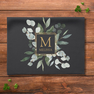 Linge De Cuisine Papier Peint Monogramme Aquarelle Feuilles Vertes 