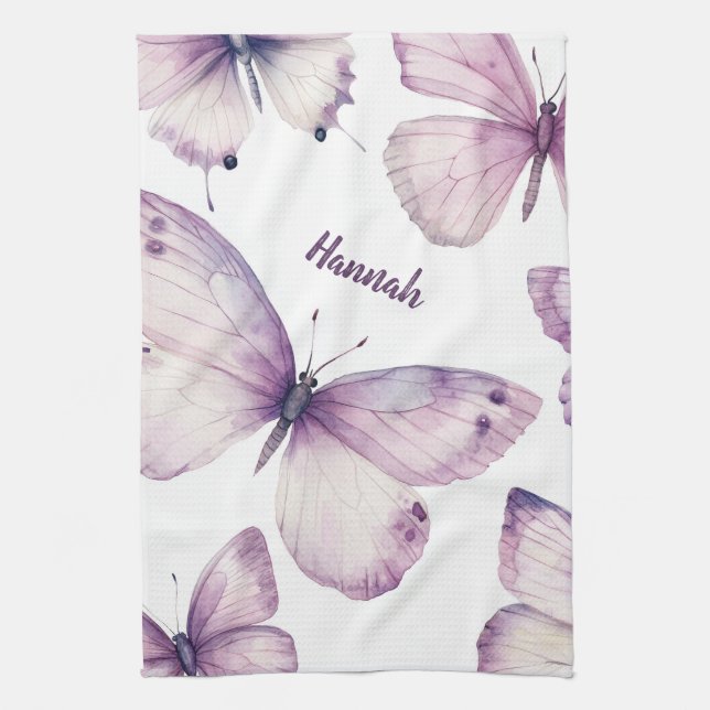 Linge De Cuisine Papillon Violet Aquarelle Élégant NOM PERSONNALISÉ (Vertical)