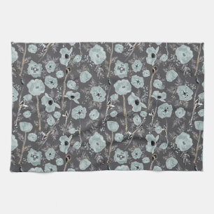 Linge De Cuisine Papillons bleu gris noir Aquarelle Fleurs