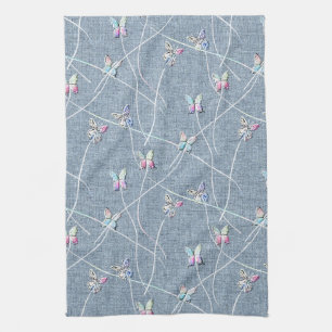 Linge De Cuisine Papillons en relief aquarelle sur lin bleu denim