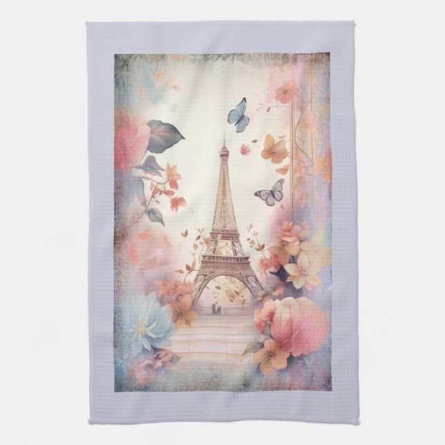 Linge De Cuisine Papillons et fleurs de la Tour Eiffel (Vertical)