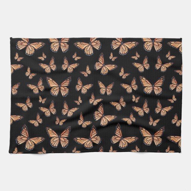Linge De Cuisine Papillons Monarque sur Noir (Horizontal)