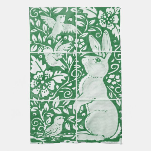 Linge De Cuisine Pâques Emerald Green Rabbit Oiseau Floral Carrelag (Vertical)