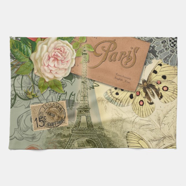 Linge De Cuisine Paris France Art Antique Collage Eiffel Français (Horizontal)