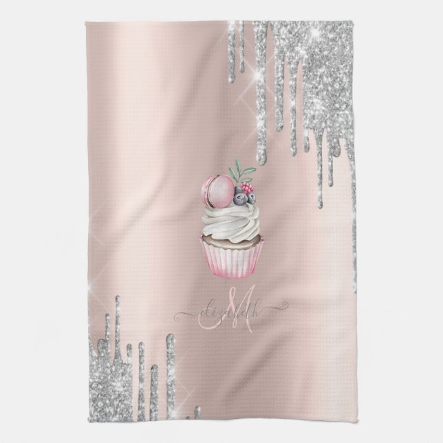 Linge De Cuisine Parties scintillant argent Rose Monogramme  Cupcak (Vertical)