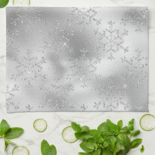 Linge De Cuisine Parties scintillant d'argent Glitzy Snowflakes Noë
